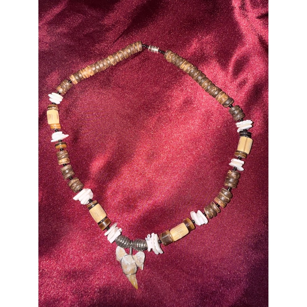 Vintage Shark Tooth Necklace Wood Bamboo Shell Bead Coastal Surfer Boho Unisex